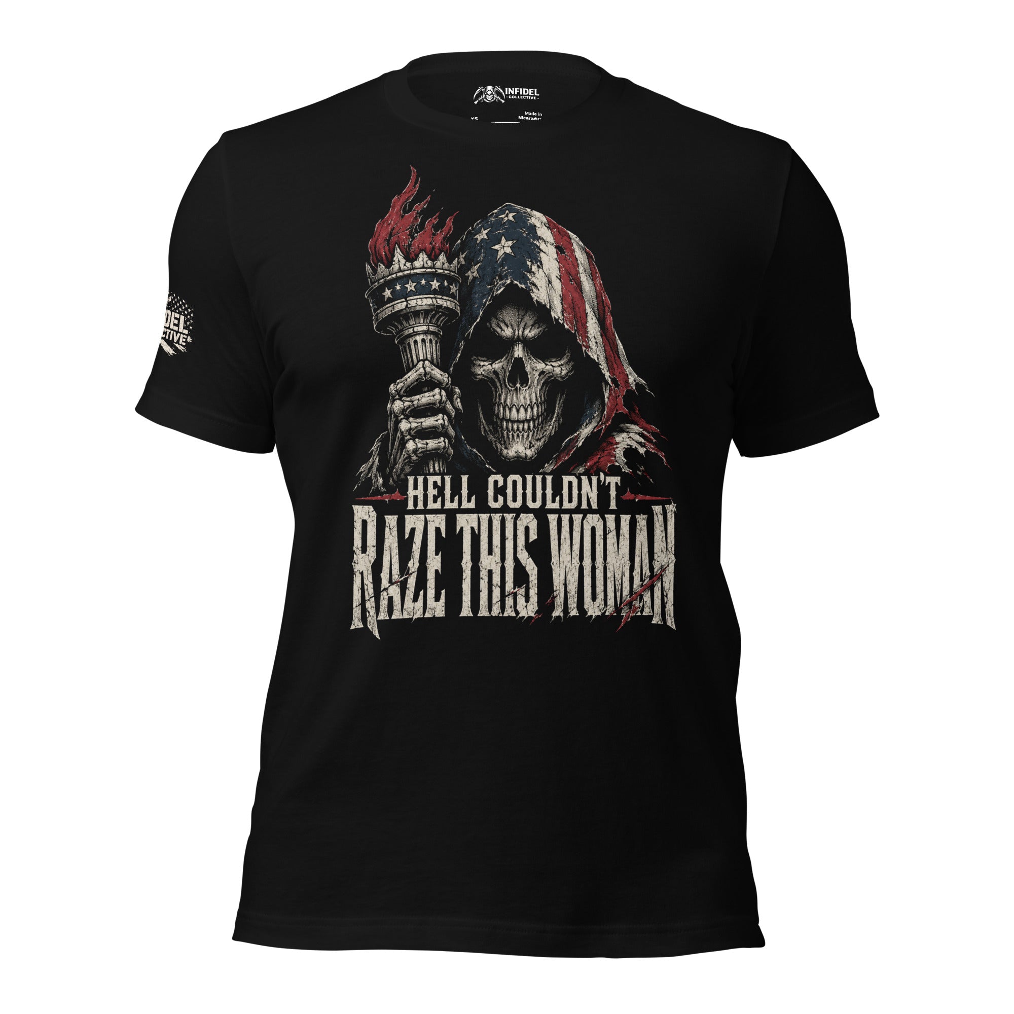 Couldn’t Raze This Woman skull liberty torch graphic black tee from Infidel Collective