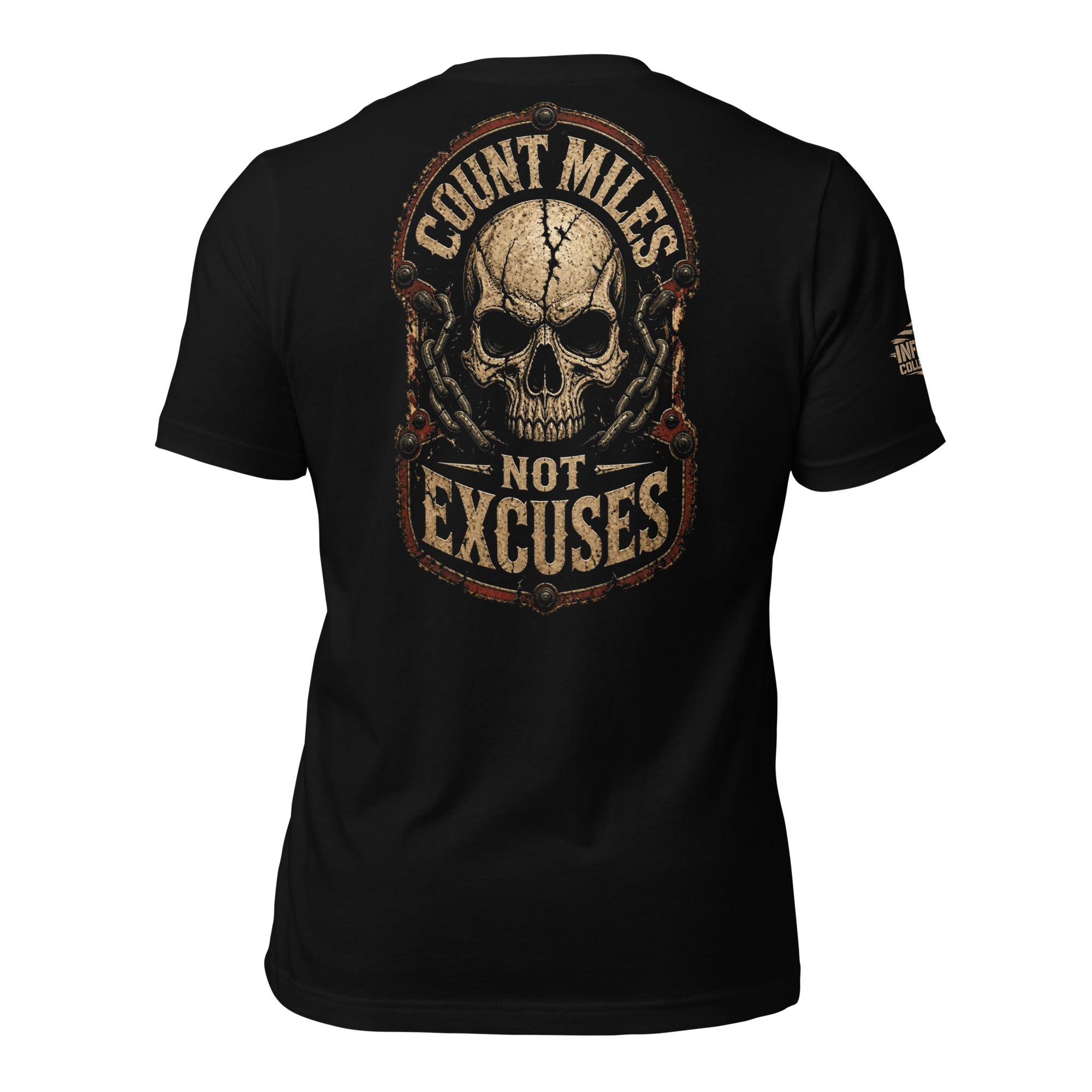 Count Miles Not Excuses skull chain back print black tee from Infidel Collective