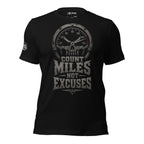 Count Miles Not Excuses skull speedometer graphic black tee from Infidel Collective