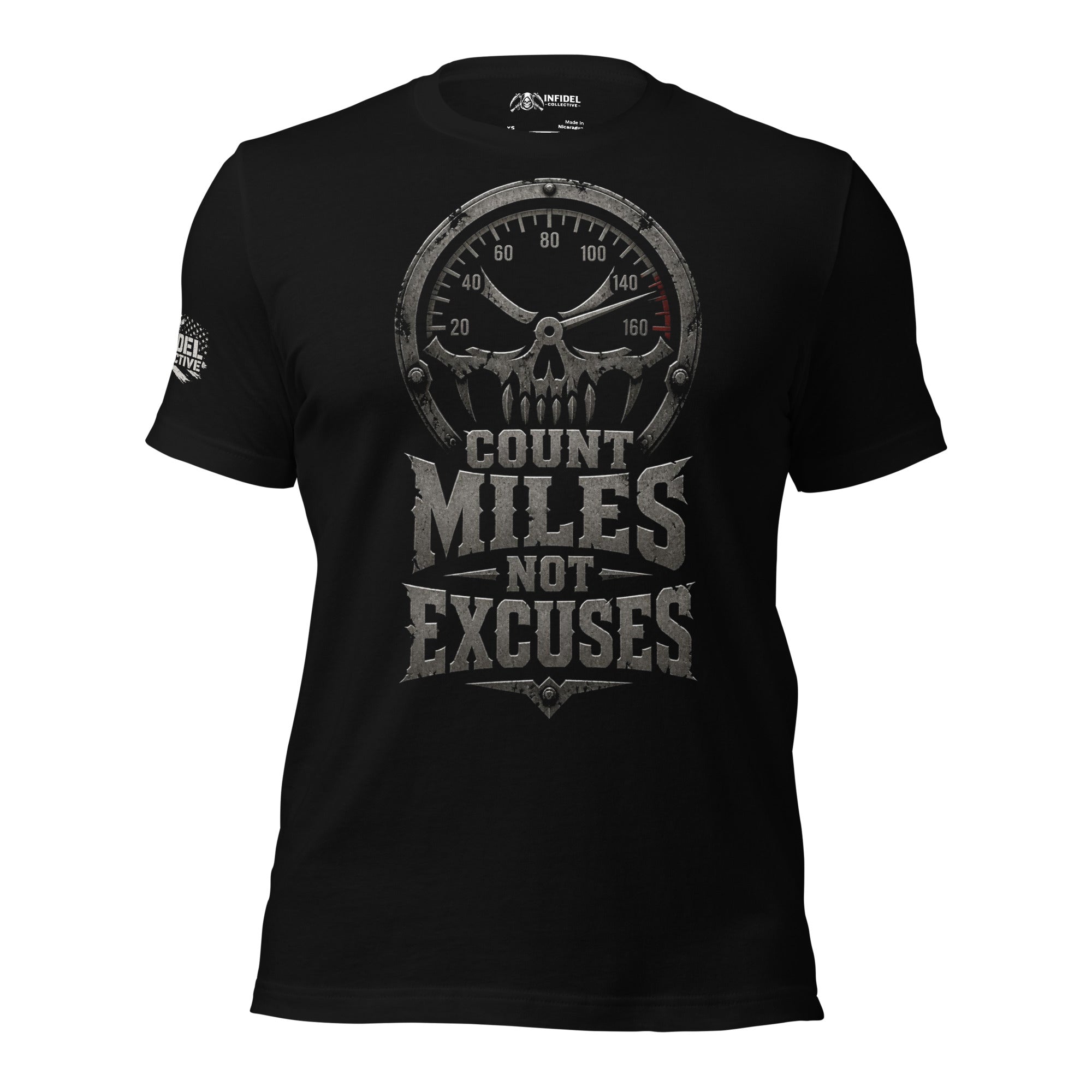 Count Miles Not Excuses skull speedometer graphic black tee from Infidel Collective