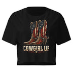 American flag cowboy boots with red flame accents and Cowgirl Up text on black front print tee