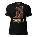 American flag cowboy boots with red flame detailing and Cowgirl Up text on black front print tee