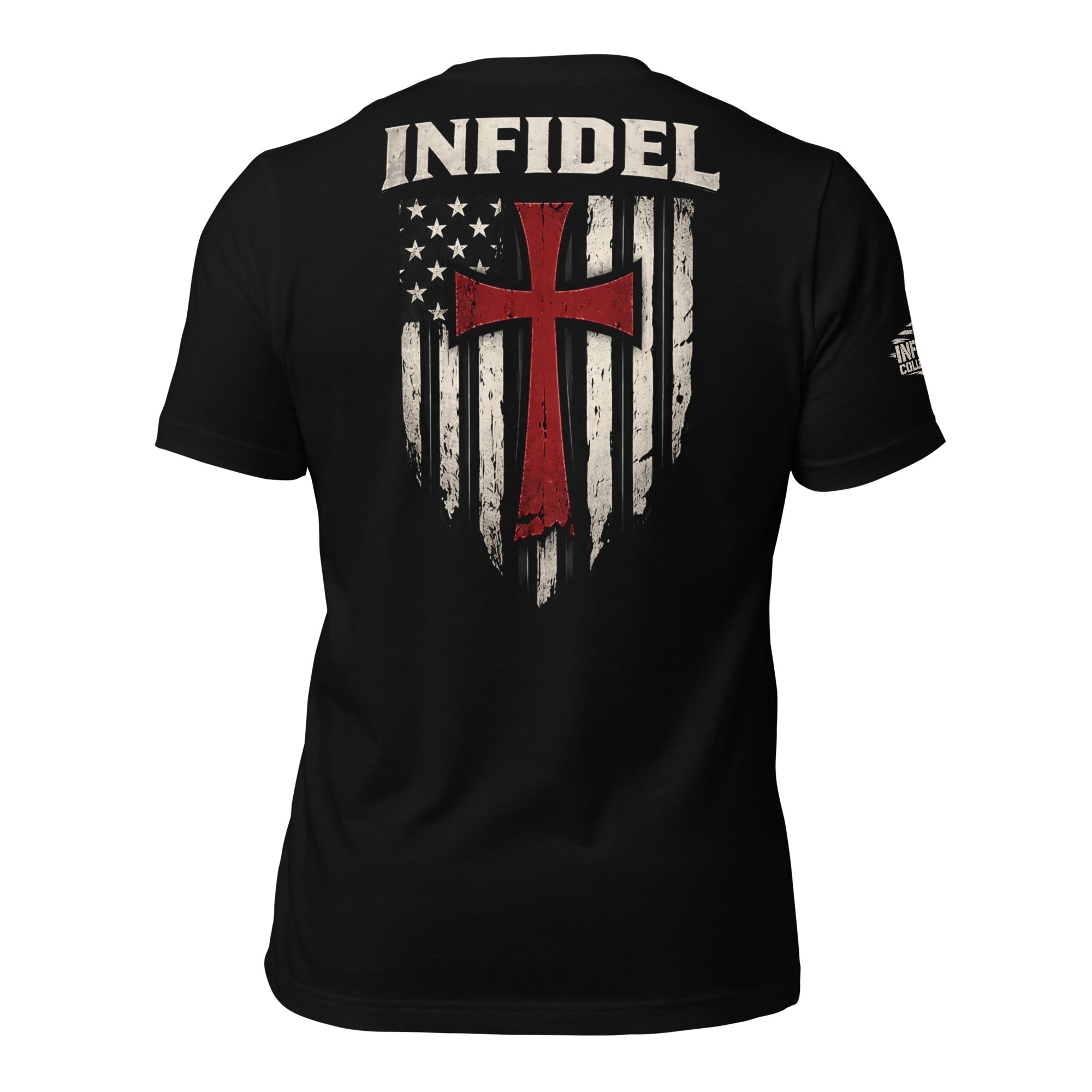 Crimson Cross Infidel back print black tee from Infidel Collective