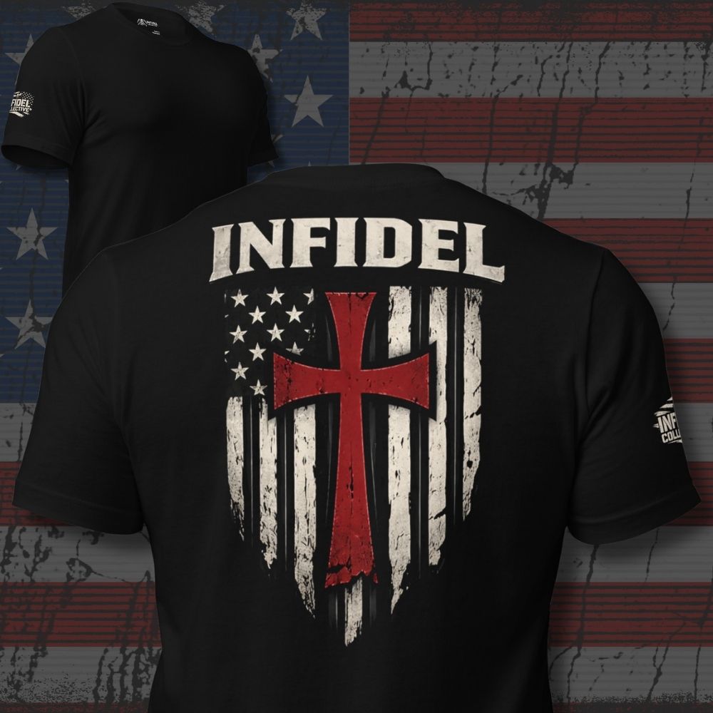 Crimson Cross Infidel back print black tee from Infidel Collective