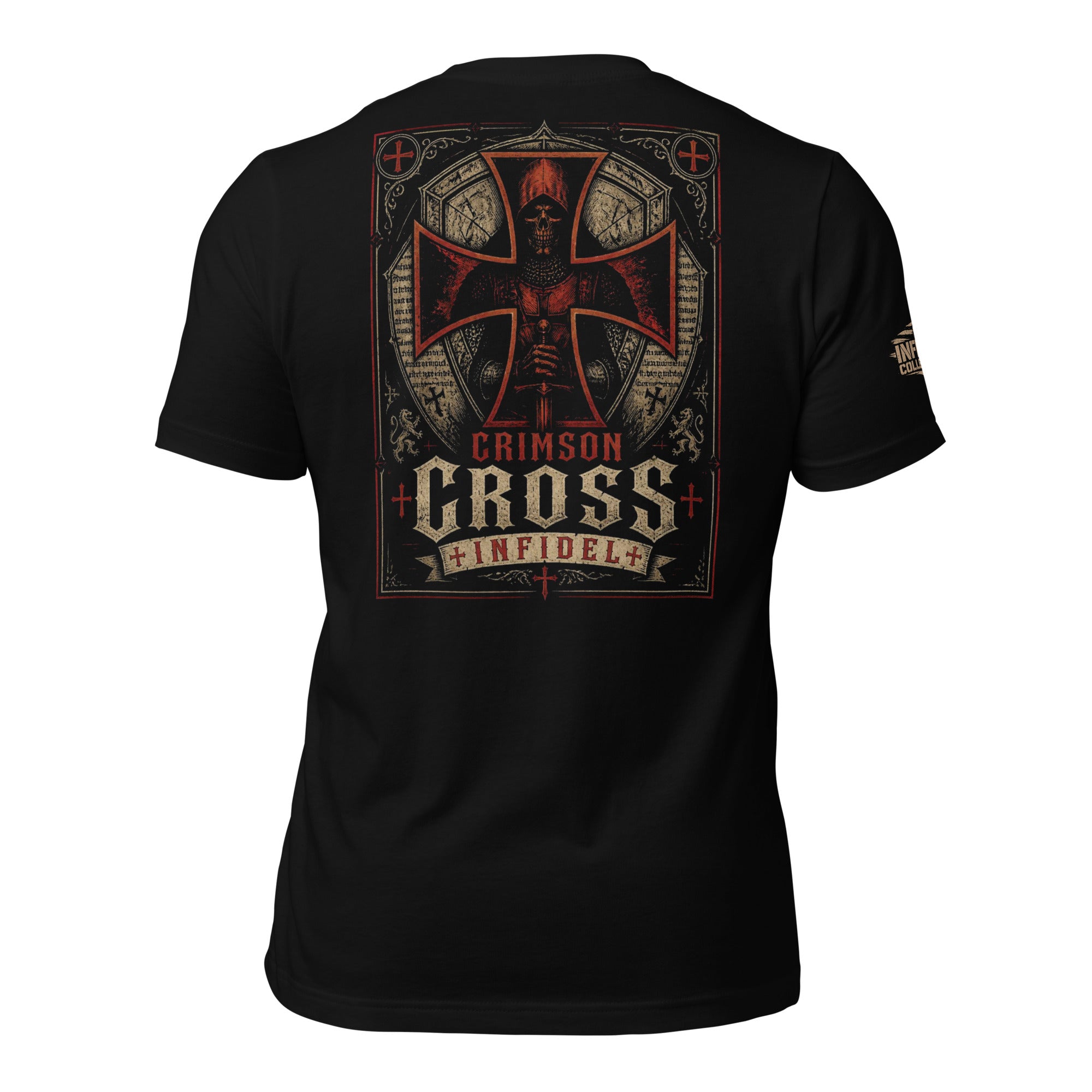 Crimson Cross Infidel knight back print black tee from Infidel Collective