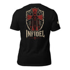 Crimson Infidel shield reaper back print black tee from Infidel Collective