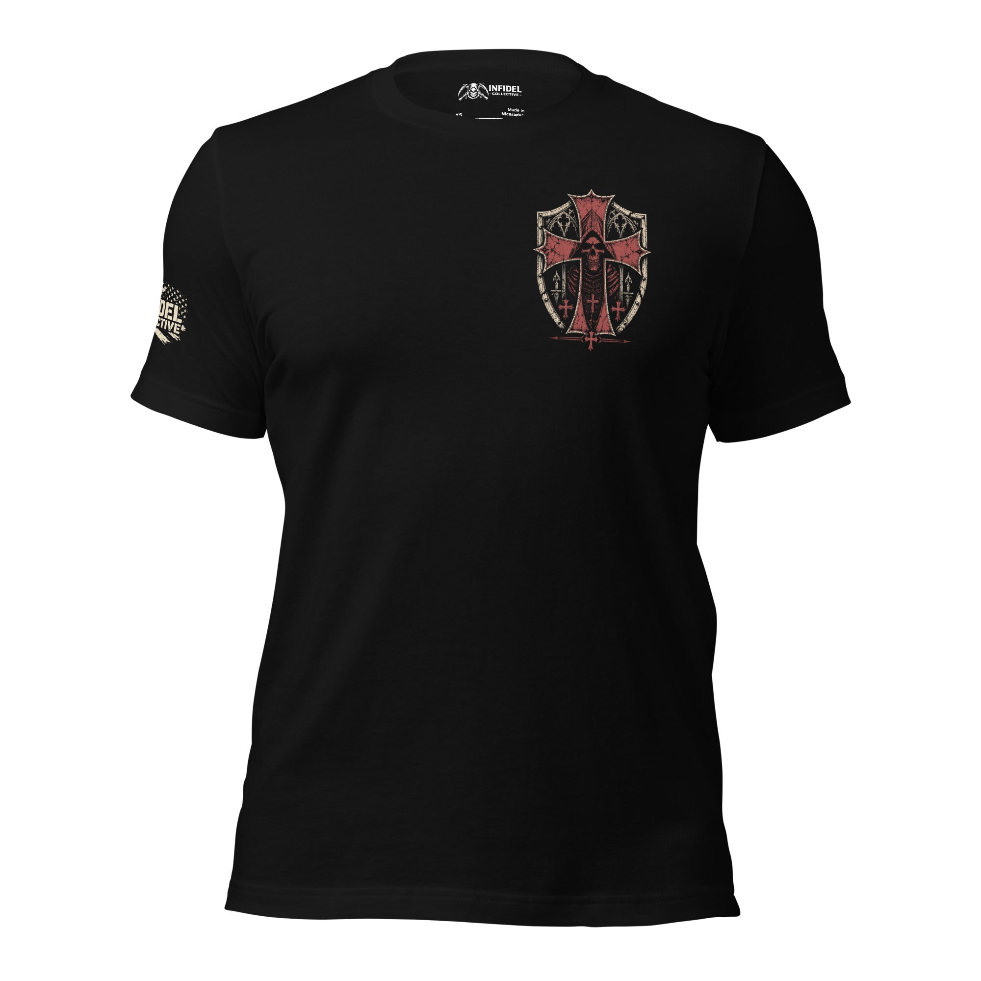 Crimson Infidel shield reaper back print black tee from Infidel Collective
