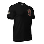 Crimson Infidel shield reaper back print black tee from Infidel Collective