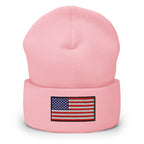 Patriotic Cuffed Beanie with the USA Flag (Old Glory) embroidered into the cuff of the beanie - available in 12 different colors - shown here in pink.