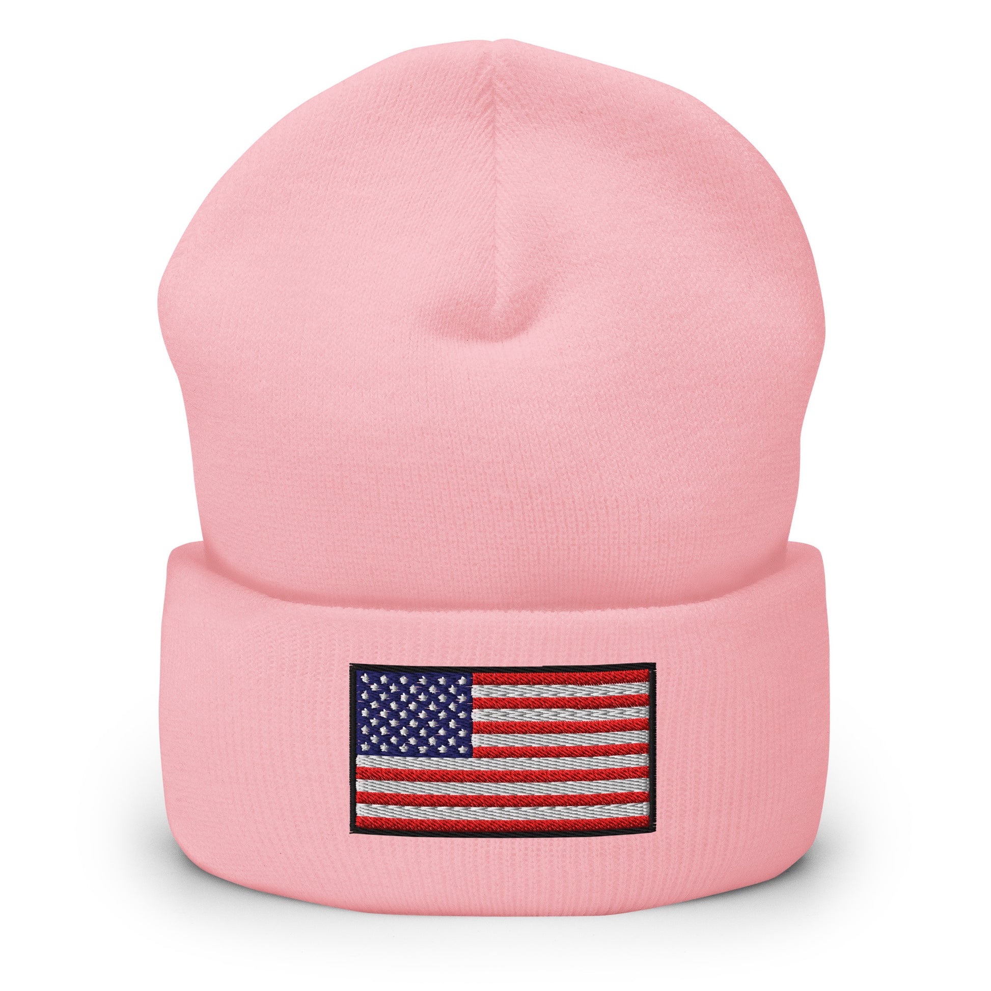 Patriotic Cuffed Beanie with the USA Flag (Old Glory) embroidered into the cuff of the beanie - available in 12 different colors - shown here in pink.
