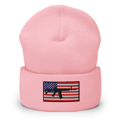 Patriotic AR-15 overlay on the USA Flag (Old Glory), embroidered on a Cuffed Beanie - available in 12 colors, shown here in pink.
