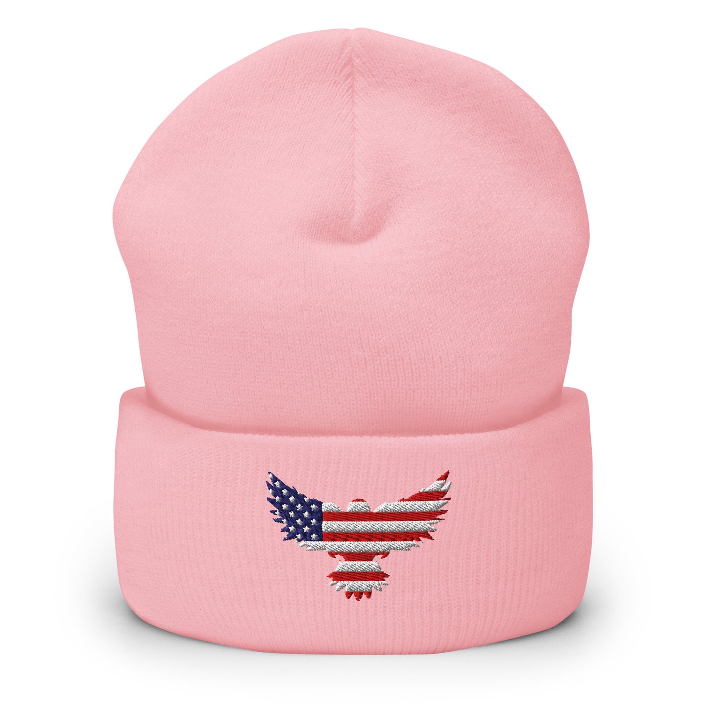 Patriotic Cuffed Beanie with USA Flag (Old Glory) Eagle embroidered into the cuff of the beanie - available in 12 different colors - shown here in pink.