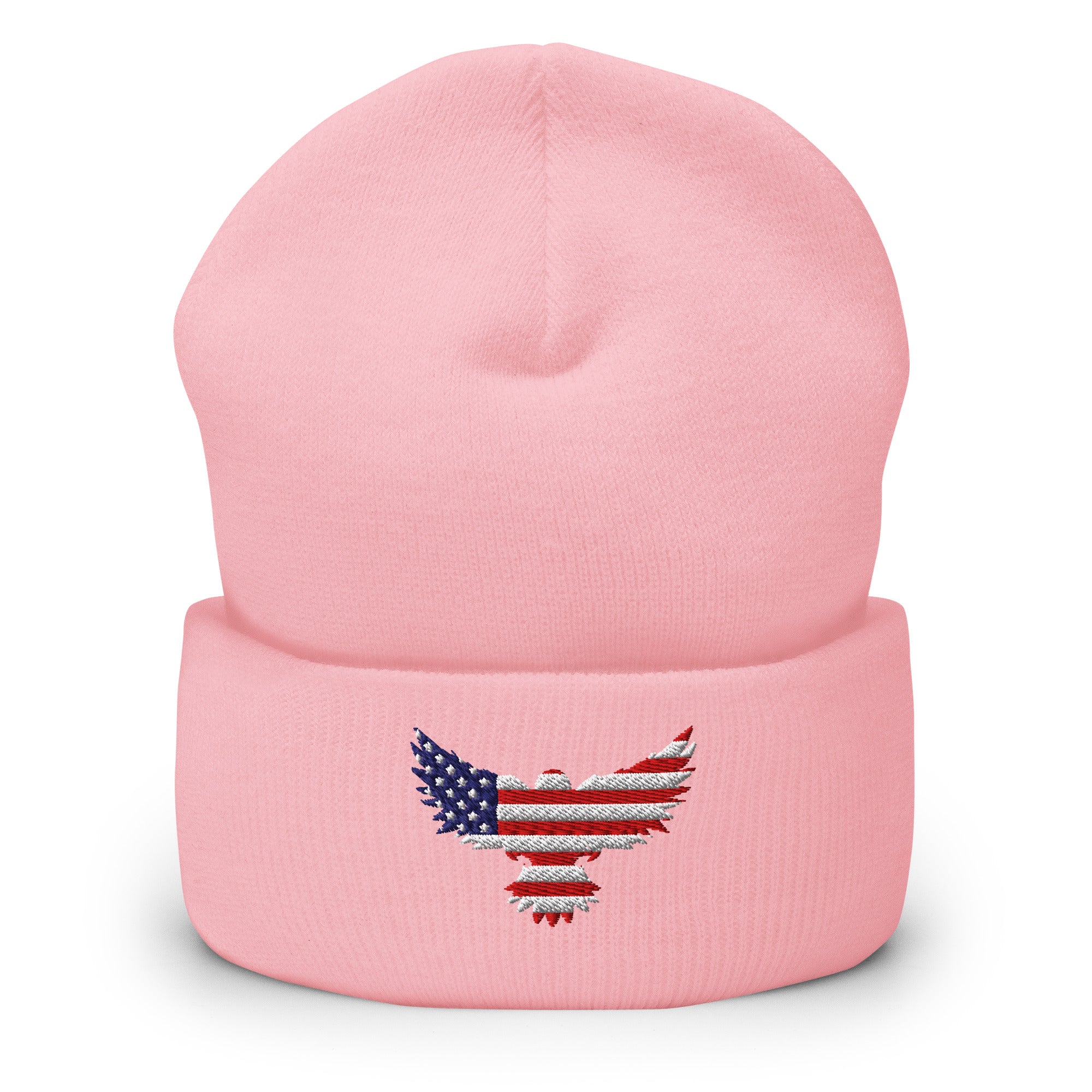 Patriotic Cuffed Beanie with USA Flag (Old Glory) Eagle embroidered into the cuff of the beanie - available in 12 different colors - shown here in pink.