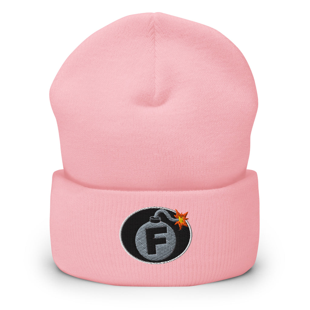 NSFW F-Bomb design is embroidered into this Cuffed Beanie by Infidel Collective - available in 12 colors, shown here in pink.