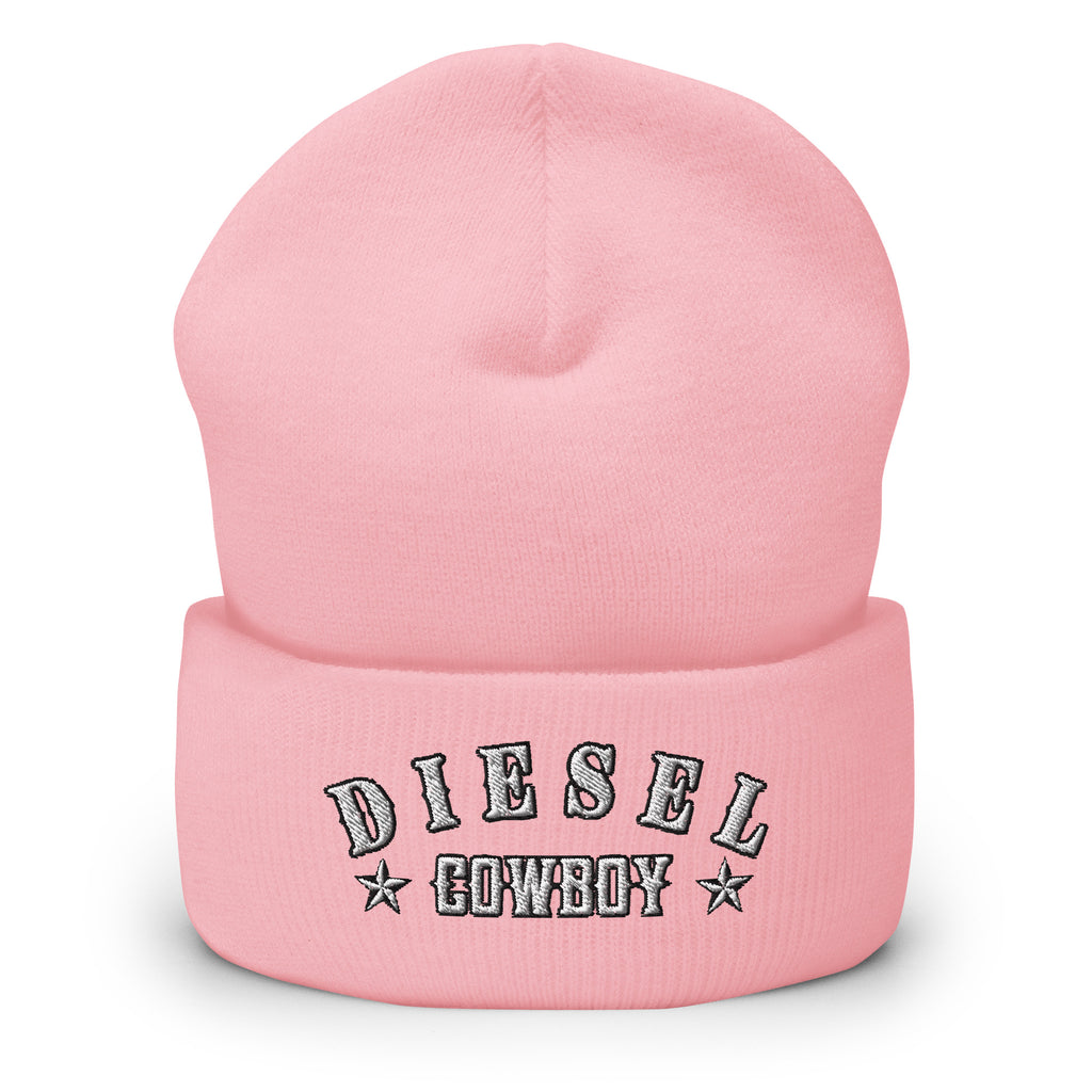 "Diesel Cowboy" embroidered into this cuffed beanie hat by Infidel Collective, available in 12 colors, shown here in pink.