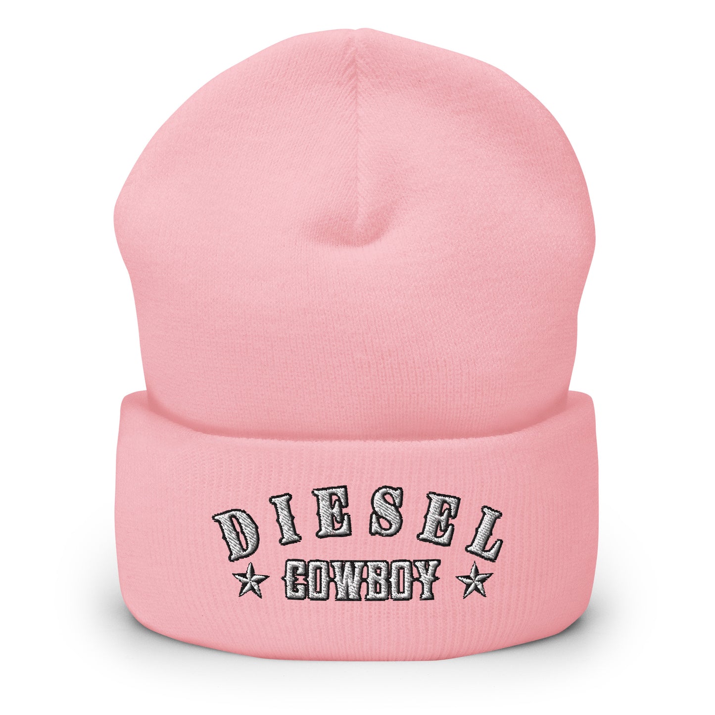 "Diesel Cowboy" embroidered into this cuffed beanie hat by Infidel Collective, available in 12 colors, shown here in pink.