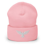 Baby Pink, beanie, with embroidered patriotic eagle crest, front view