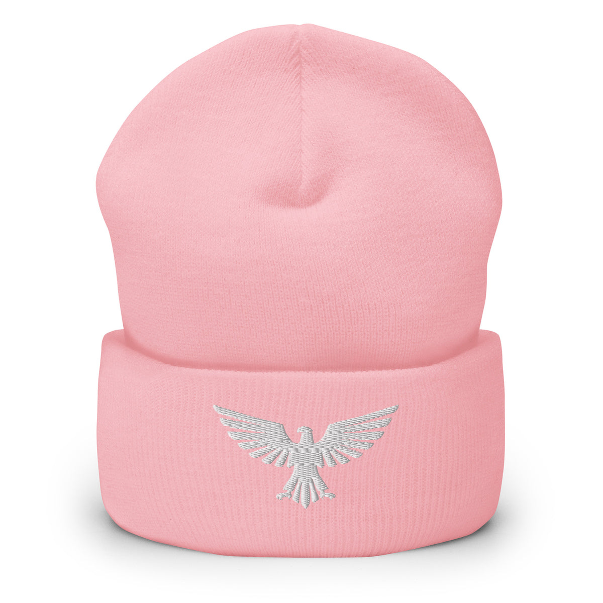 Baby Pink, beanie, with embroidered patriotic eagle crest, front view
