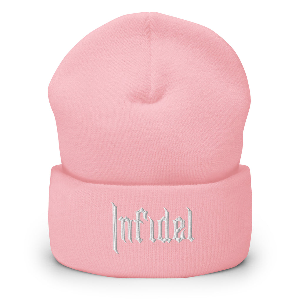 Baby Pink, beanie, with embroidered OG INFIDEL mark, front view