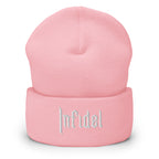 Baby Pink, beanie, with embroidered OG INFIDEL mark, front view