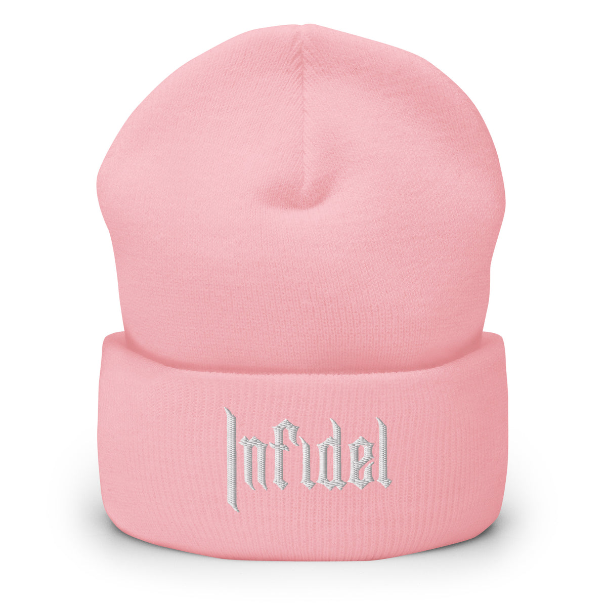Baby Pink, beanie, with embroidered OG INFIDEL mark, front view