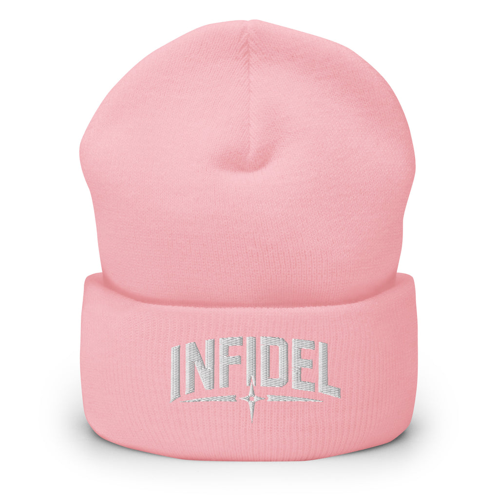 Baby Pink beanie with embroidered Infidel Spike design, front view