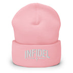 Baby Pink beanie with embroidered Infidel Spike design, front view