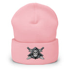 Baby Pink beanie with embroidered Only Fear Infidel reaper design, front view