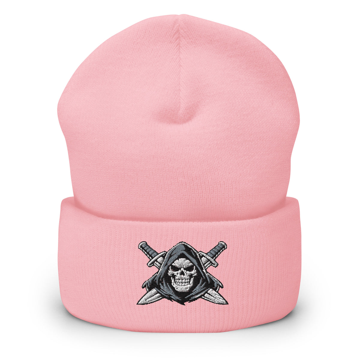 Baby Pink beanie with embroidered Only Fear Infidel reaper design, front view