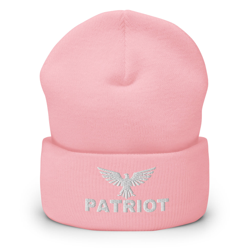Baby Pink beanie with embroidered Patriot Eagle design, front view