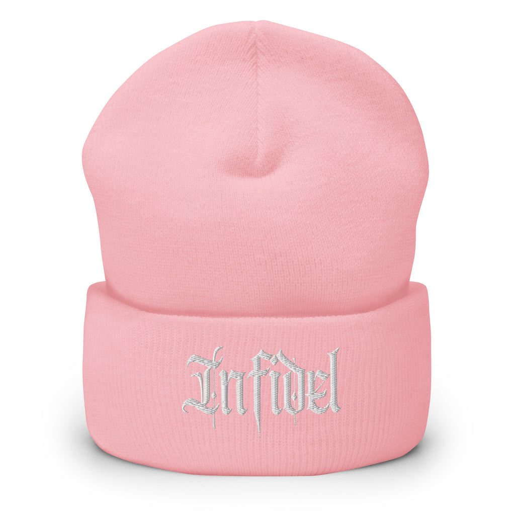 Baby Pink beanie with embroidered Infidel Script design, front view