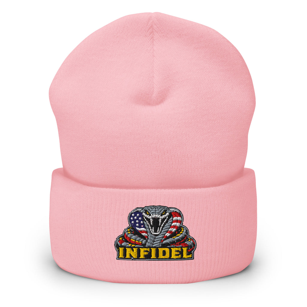 Baby Pink cuffed knit beanie with embroidered INFIDEL USA Flag Cobra front design, front view
