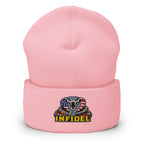 Baby Pink cuffed knit beanie with embroidered INFIDEL USA Flag Cobra front design, front view