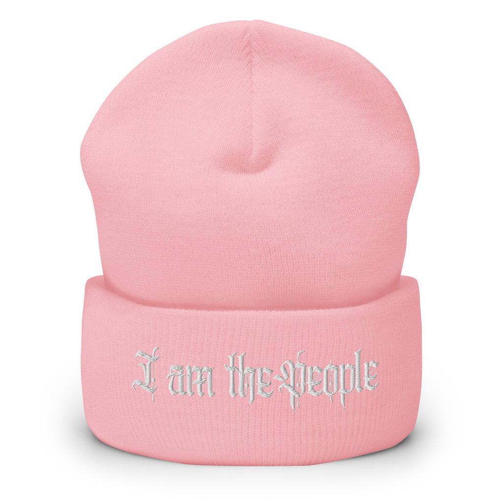 Baby Pink cuffed knit beanie with embroidered I Am the People front design, front view