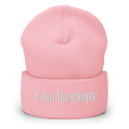 Baby Pink cuffed knit beanie with embroidered I Am the People front design, front view