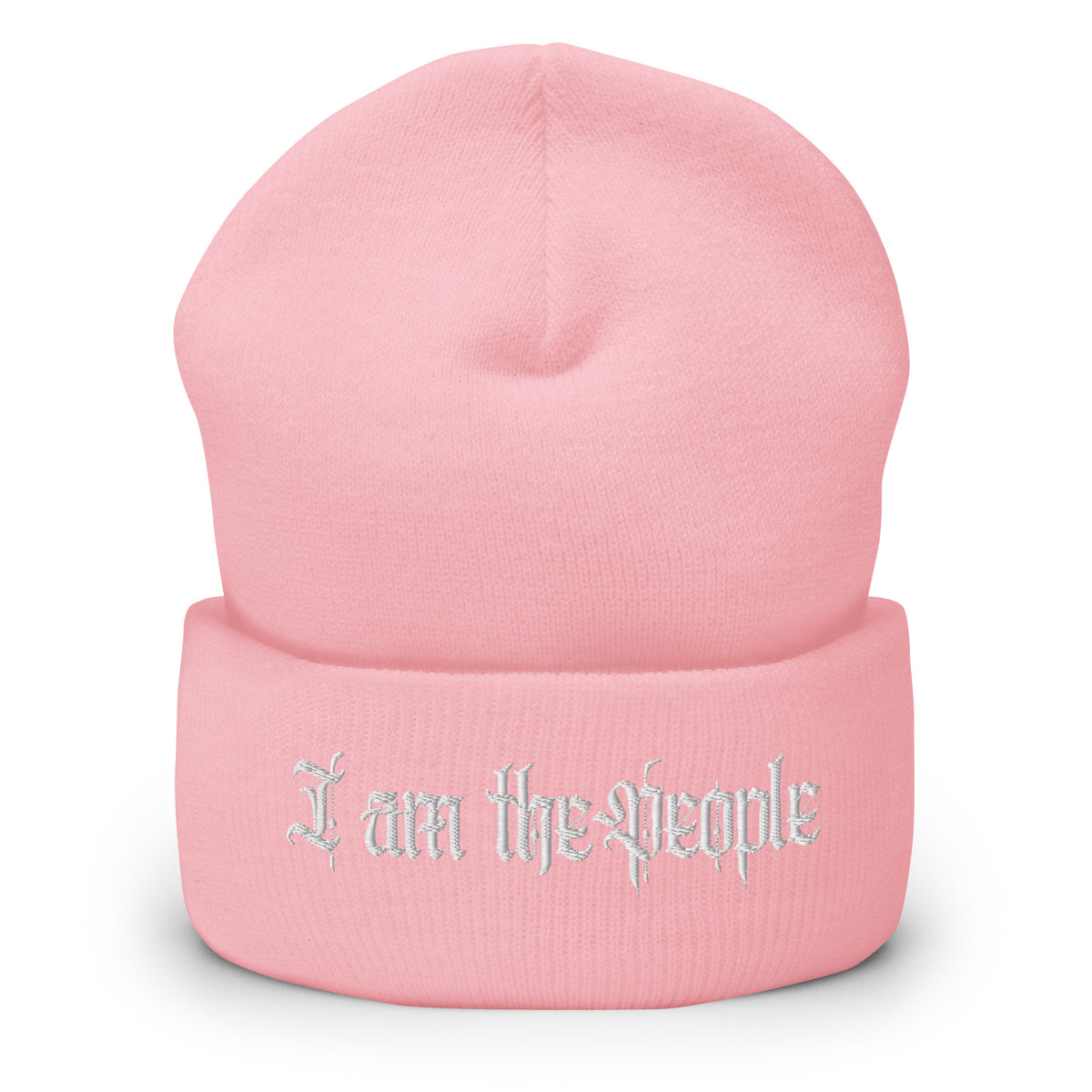 Baby Pink cuffed knit beanie with embroidered I Am the People front design, front view