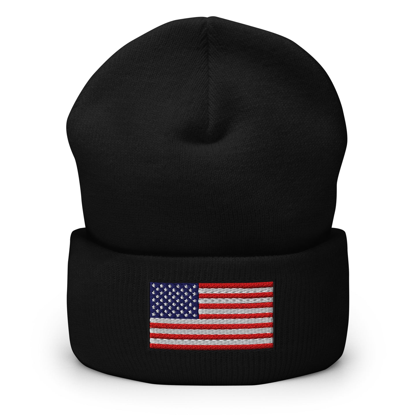 Patriotic Cuffed Beanie with the USA Flag (Old Glory) embroidered into the cuff of the beanie - available in 12 different colors - shown here in black.