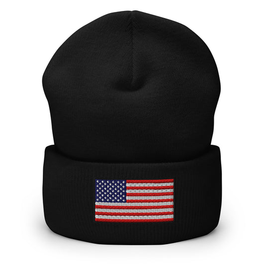 Patriotic Cuffed Beanie with the USA Flag (Old Glory) embroidered into the cuff of the beanie - available in 12 different colors - shown here in black.
