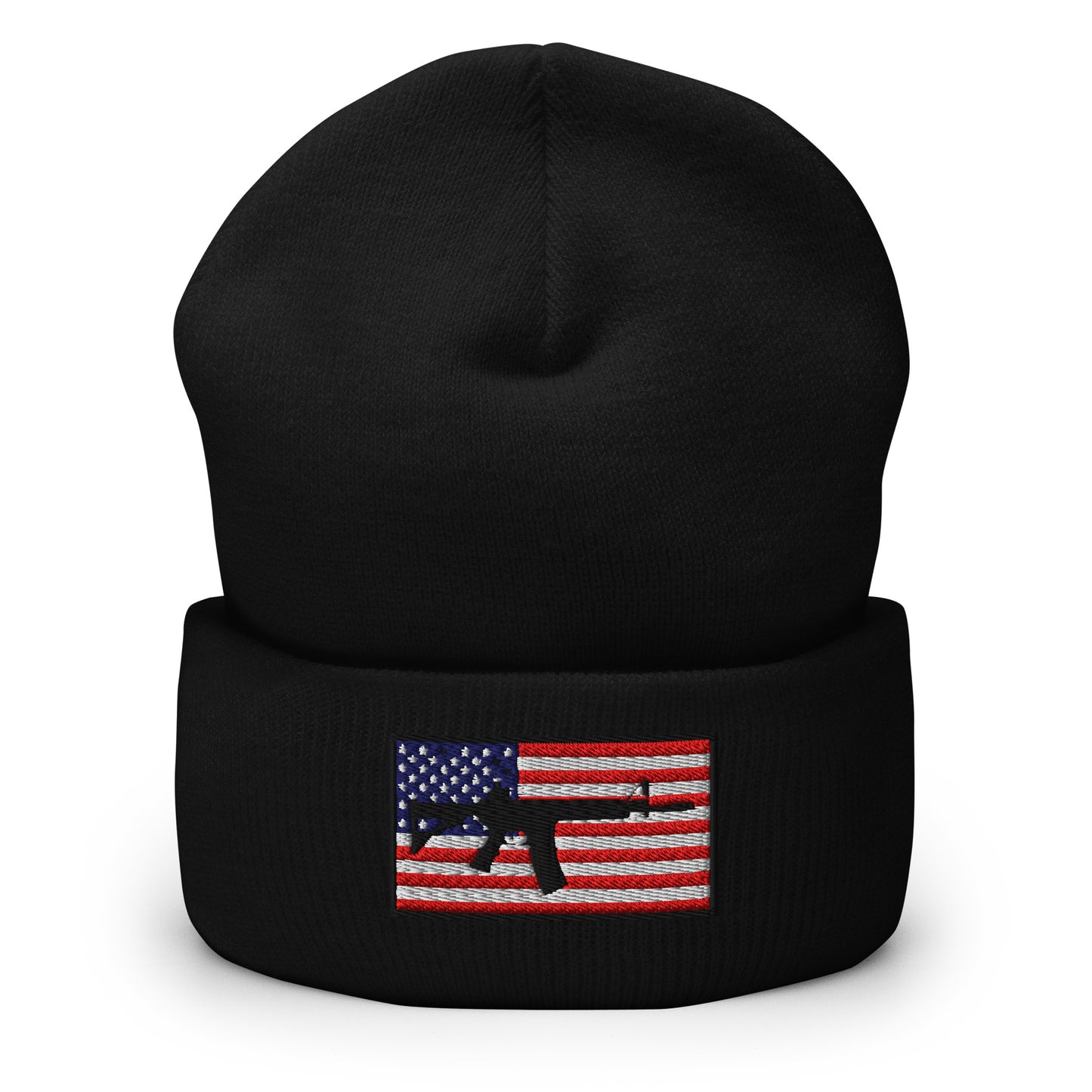 Patriotic AR-15 overlay on the USA Flag (Old Glory), embroidered on a Cuffed Beanie - available in 12 colors, shown here in black.