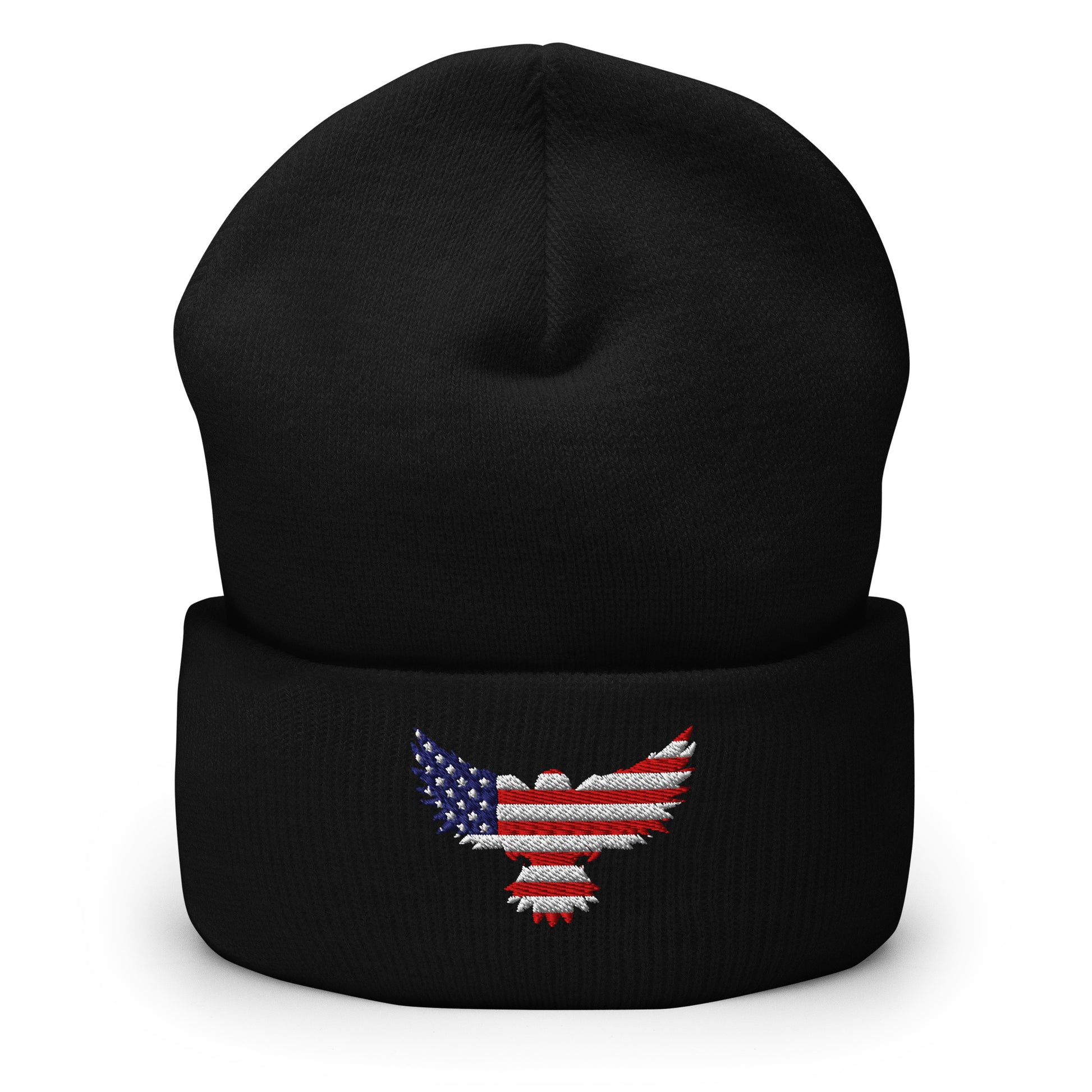 Patriotic Cuffed Beanie with USA Flag (Old Glory) Eagle embroidered into the cuff of the beanie - available in 12 different colors - shown here in black.