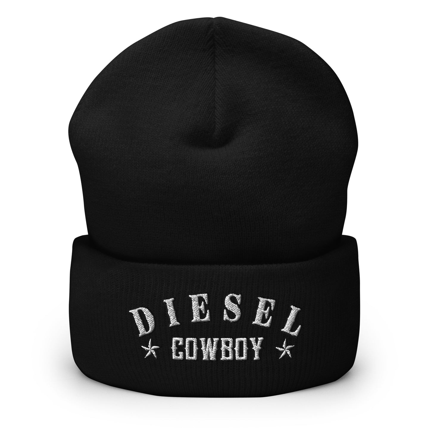 "Diesel Cowboy" embroidered into this cuffed beanie hat by Infidel Collective, available in 12 colors, shown here in black.