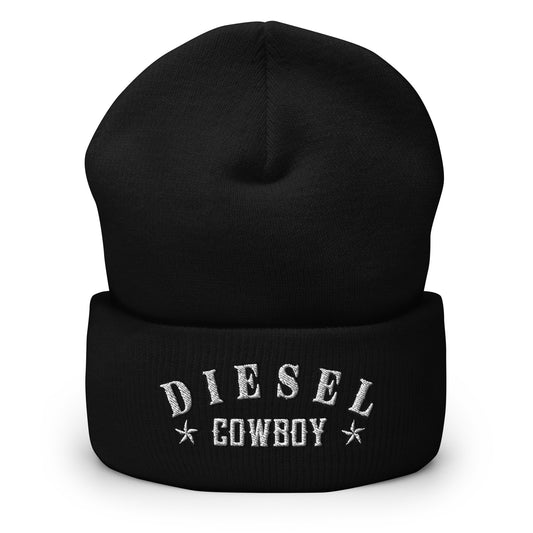 "Diesel Cowboy" embroidered into this cuffed beanie hat by Infidel Collective, available in 12 colors, shown here in black.