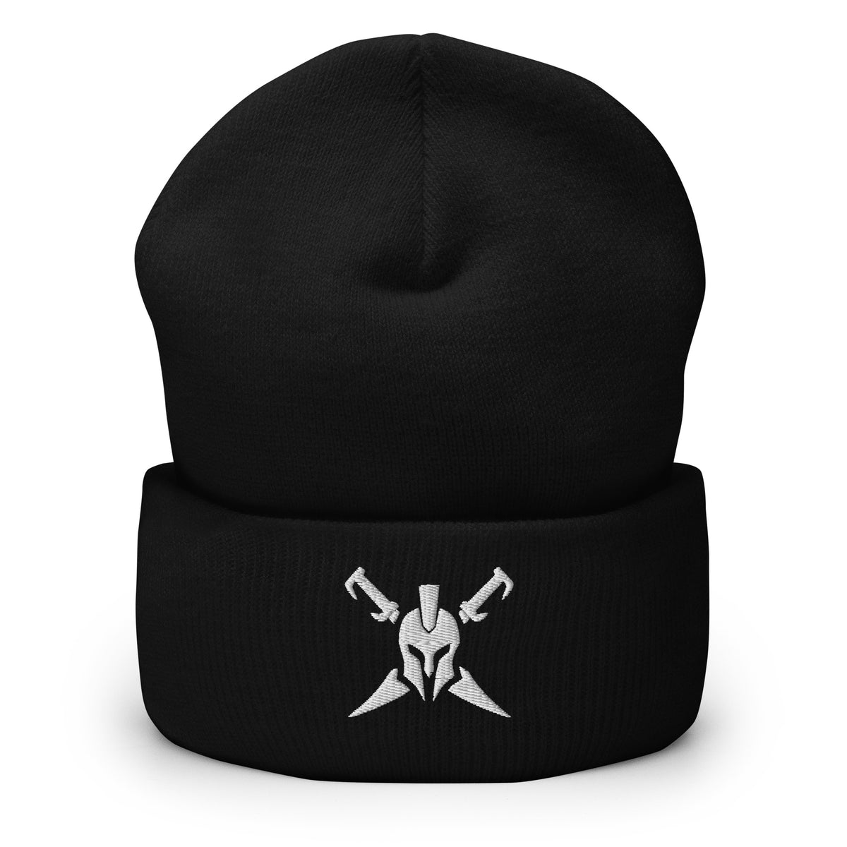 Black, beanie, with embroidered Call to Arms, front view