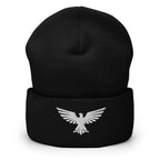 Black, beanie, with embroidered patriotic eagle crest, front view
