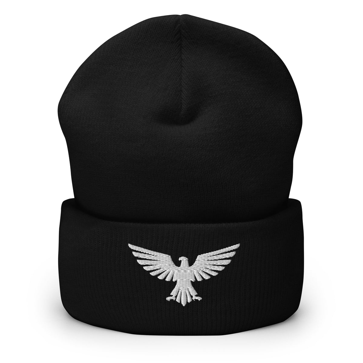 Black, beanie, with embroidered patriotic eagle crest, front view
