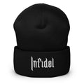 Black, beanie, with embroidered OG INFIDEL mark, front view