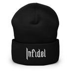 Black, beanie, with embroidered OG INFIDEL mark, front view