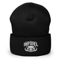 Black beanie with embroidered INFIDEL War Pig design, front view