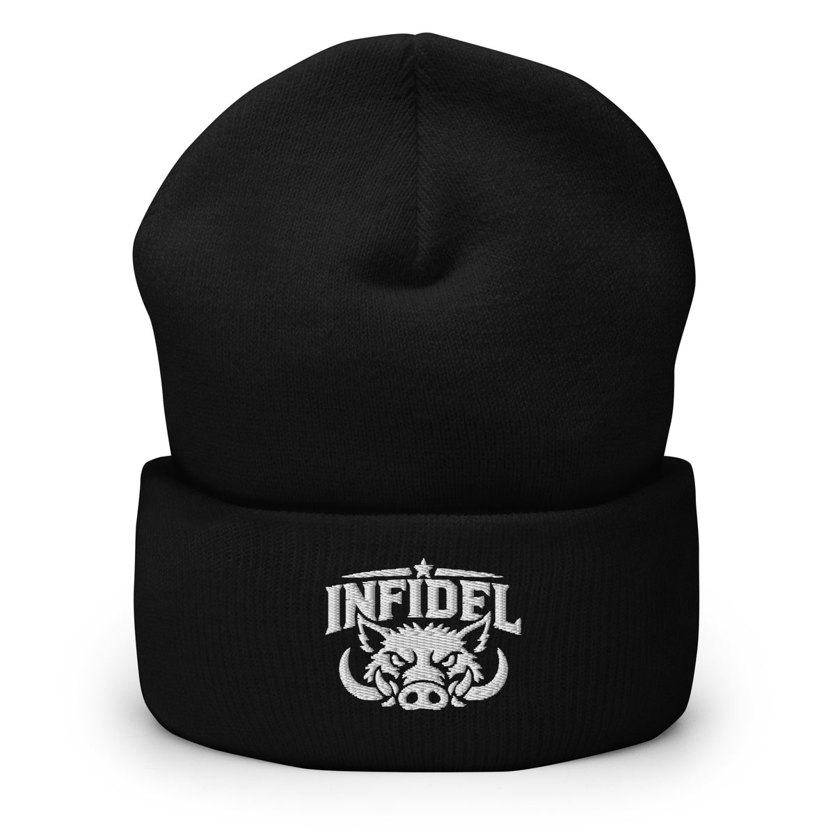 Black beanie with embroidered INFIDEL War Pig design, front view