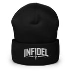 Black beanie with embroidered Infidel Spike design, front view